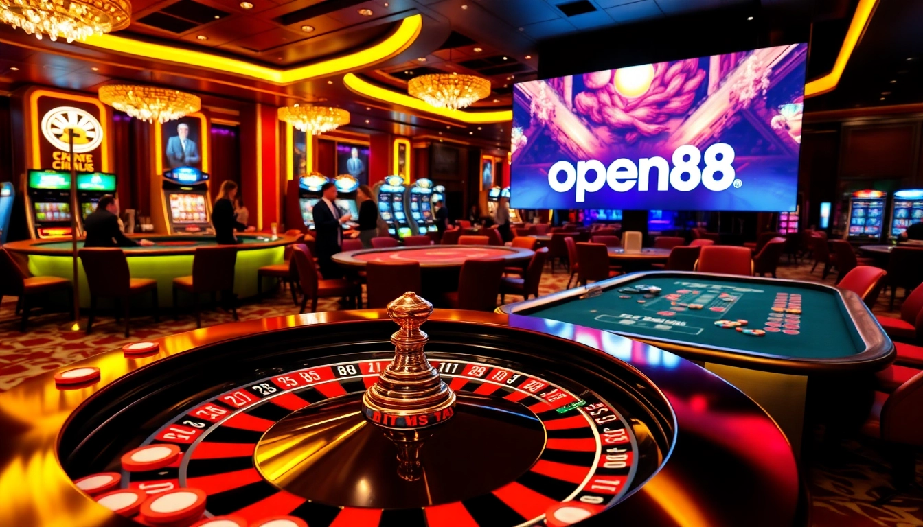 Experience thrilling gameplay at open88's vibrant casino with poker tables and roulette wheels.