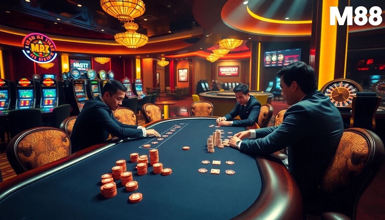 Experience the excitement of MM88 at a vibrant poker table featuring professional players and dynamic casino elements.