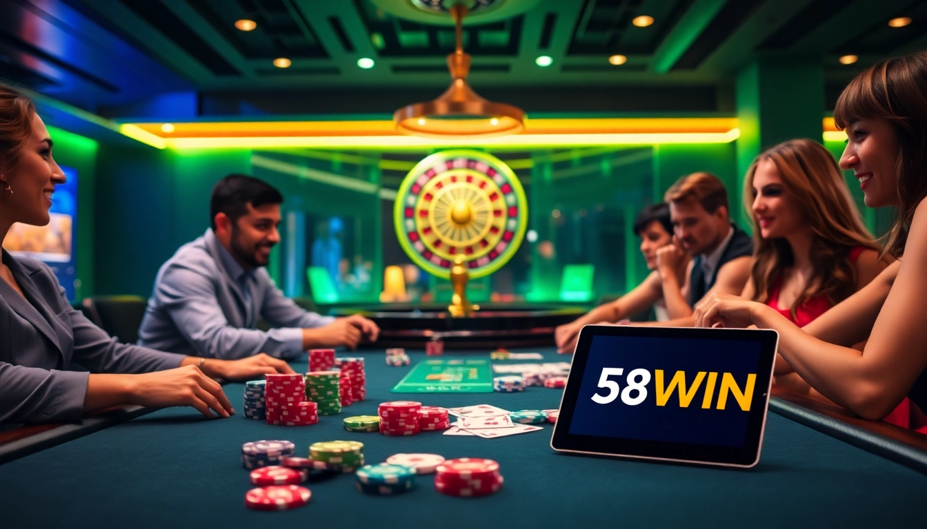 Players enjoying a thrilling game at 58WIN's modern casino table with colorful chips.