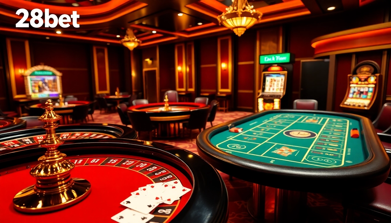 Exciting online gambling experience with 28bet casino tables, cards, and chips.