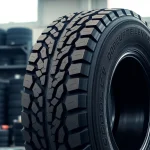 RR99 Double Coin tire in a professional auto shop, showcasing its tread design and reliability.