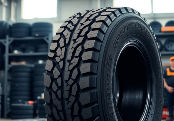 RR99 Double Coin tire in a professional auto shop, showcasing its tread design and reliability.