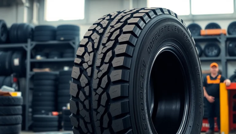 RR99 Double Coin tire in a professional auto shop, showcasing its tread design and reliability.