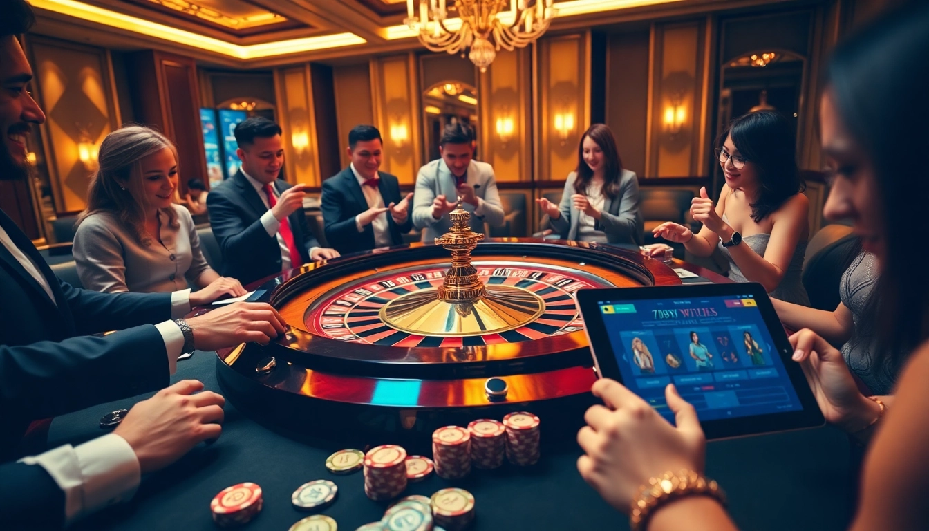 Crowd enjoying a high-stakes game at a 789WIN roulette table in a luxurious casino setting.