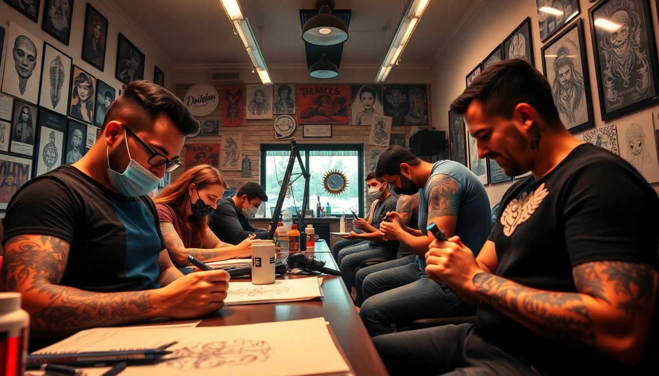 Creative tattoo artists showcasing designs at https://89bet.tattoo/ studio, capturing vibrant atmosphere.