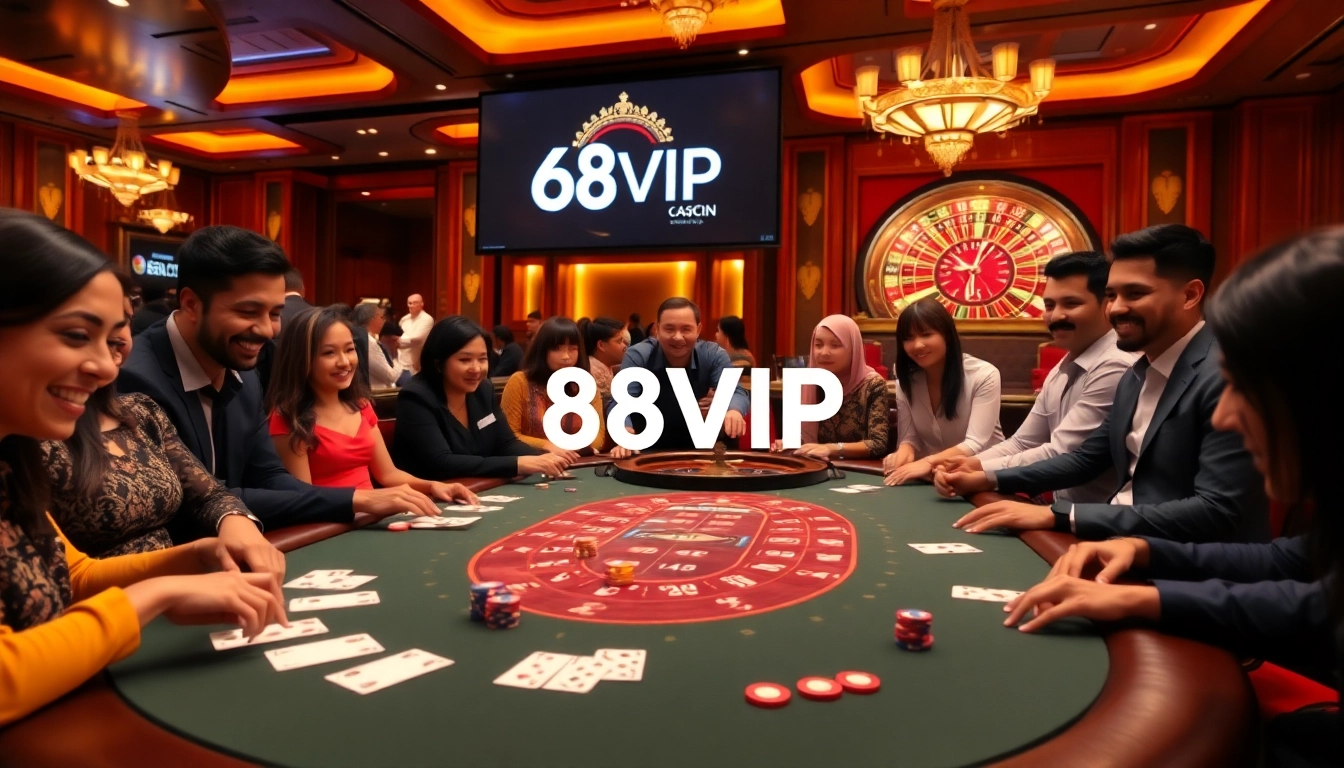 Experience the excitement of 68VIP as players enjoy a vibrant poker game in a luxurious casino setting.