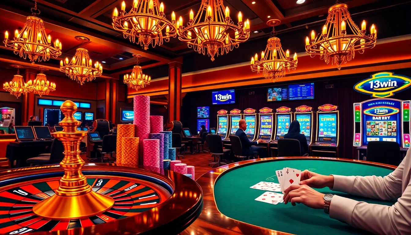13win players enjoying the excitement at a luxury casino table with poker cards and chips.