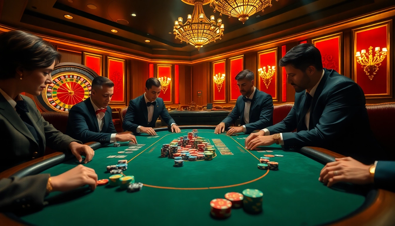 Players strategizing during an intense poker game at the luxurious chotruyen casino.