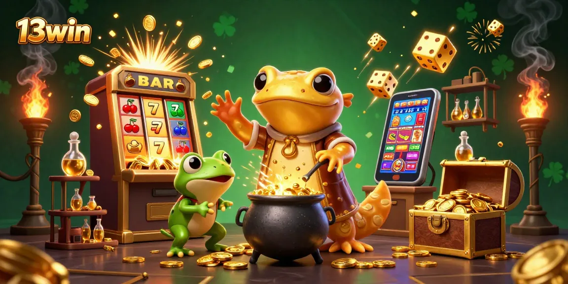 Experience the magic of 13win with a vibrant 3D illustration showcasing a golden salamander and casino elements.
