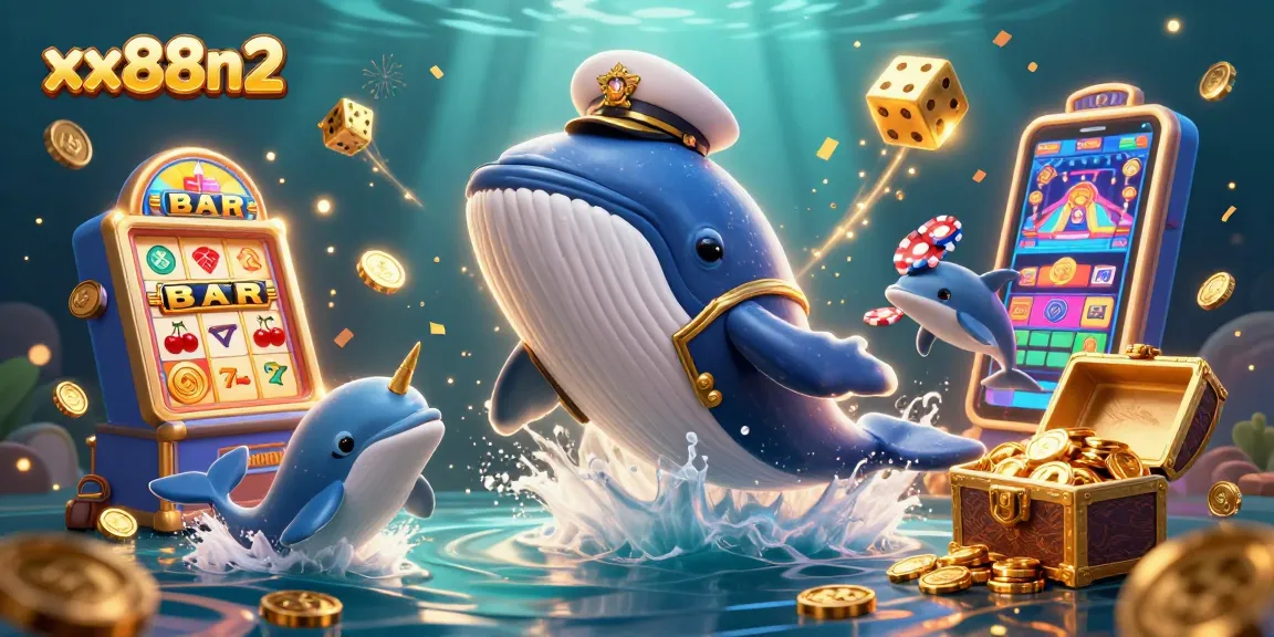 Witness the exciting gambling adventures of xx88n2 with characters like a whale captain and dolphins amidst a vibrant casino scene.