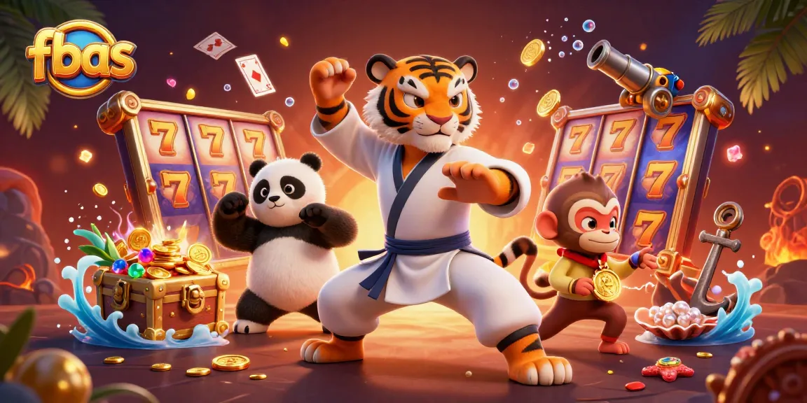Experience thrilling action at fbas, featuring a kung fu tiger and panda amidst rich casino elements.