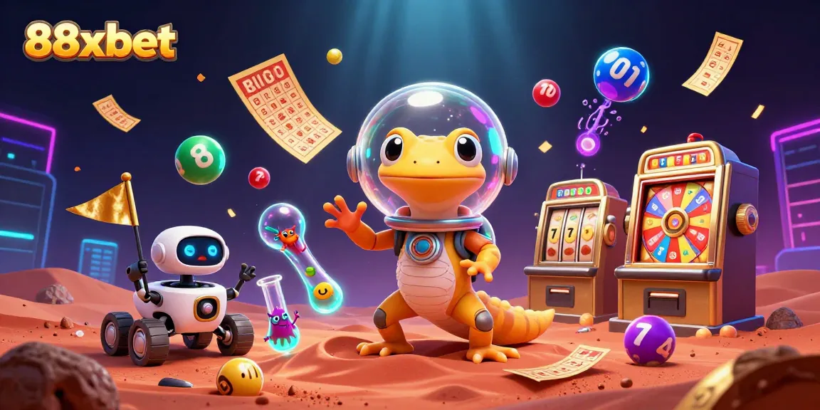 Engage with 88xbet in an ultra-detailed 3D illustration of a Martian gecko discovering a golden casino with dynamic gaming elements.