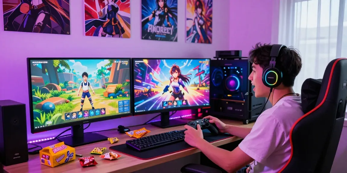 Engaged gamer surrounded by screens showing hentai games online, creating an immersive gaming atmosphere.