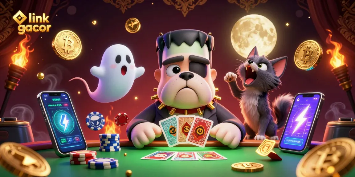 Engage with link gacor at a vibrant casino scene featuring Frankenstein bulldog dealer, ghost mouse, and werewolf kitten.