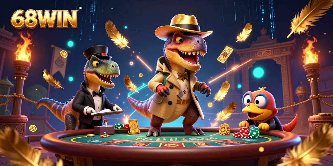 Engage with thrilling gaming at 68WIN casino featuring a dynamic velociraptor card counter scene.