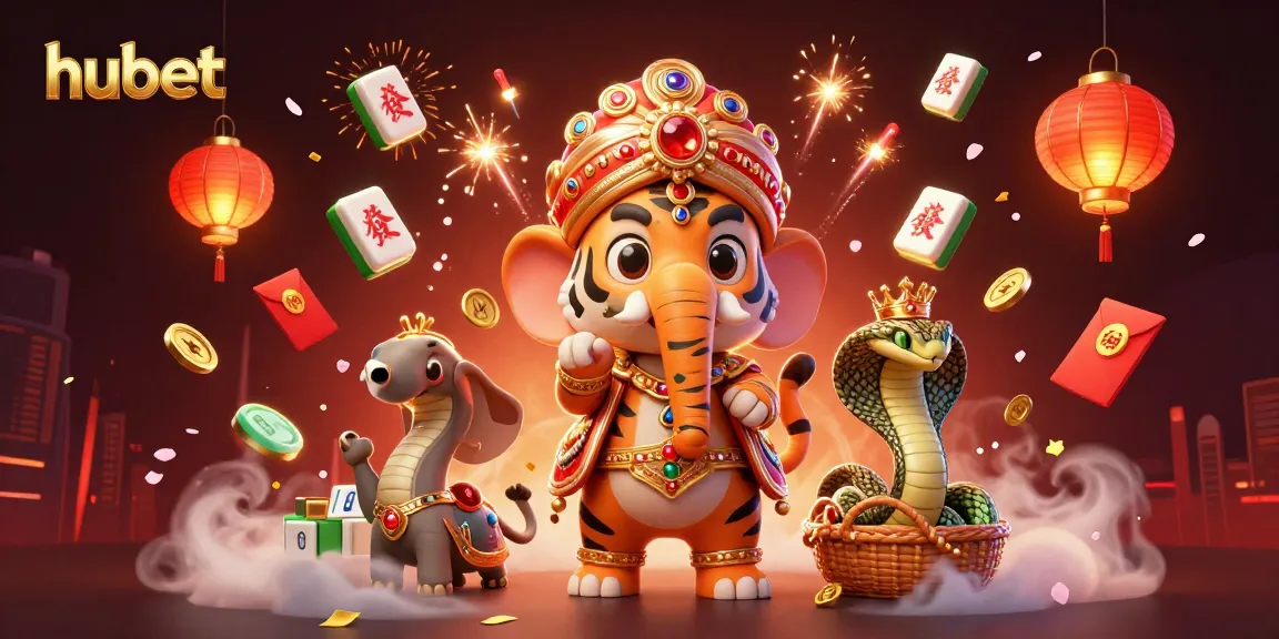Experience thrilling action at hubet with a vibrant 3D illustration of a tiger, elephant, and cobra in a festive casino scene.