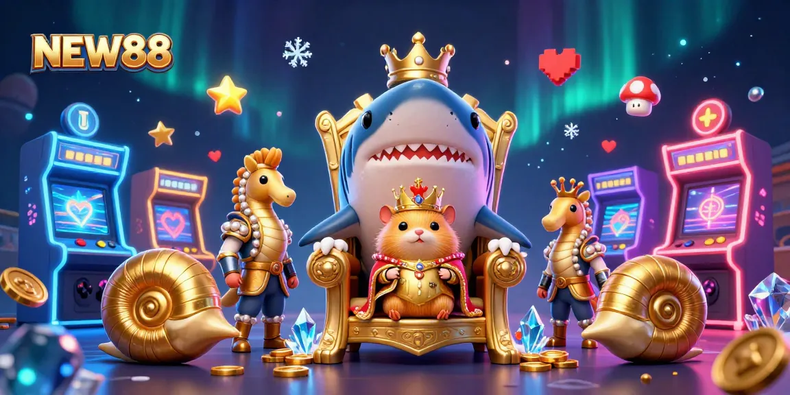Engage with the vibrant universe of NEW88, where a fierce golden hamster king rules in a dazzling underwater kingdom.