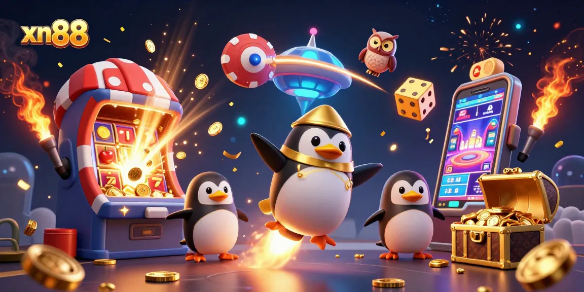 Engage with xn88's vibrant casino adventure illustrated with a golden penguin and slot machines.