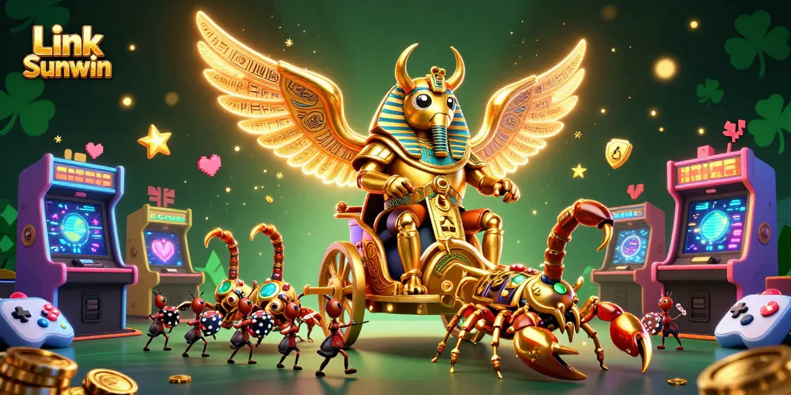 Engage with the vibrant action in the Link Sunwin world featuring a colossal beetle and scorpions in casino-themed illustration.