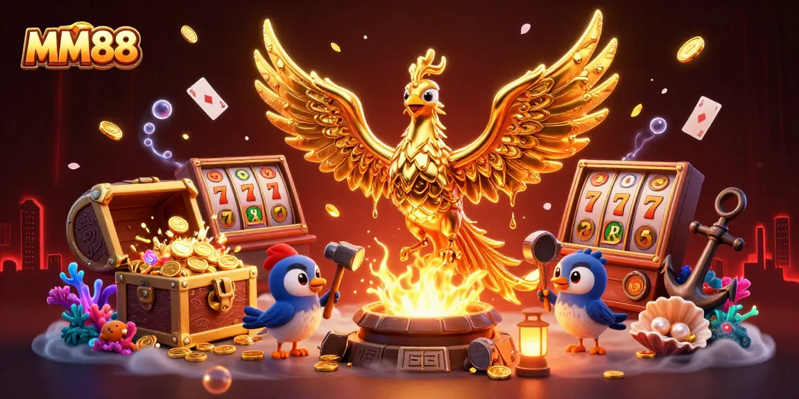 Experience thrilling gameplay at MM88 with a golden phoenix emerging from a forge amidst slot reels and treasure.