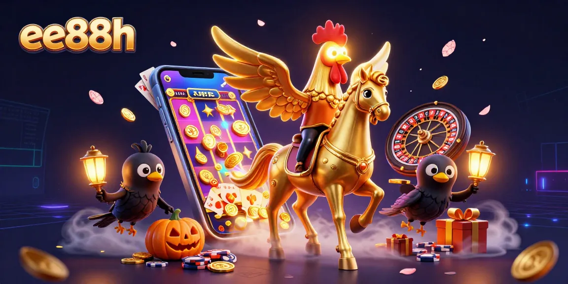 Experience thrilling gaming action with ee88h at a vibrant 3D casino featuring a golden rooster and pumpkin-headed crows.