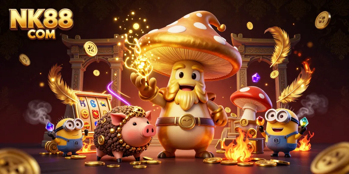 Engaging players with treasure hunts at NK88 COM, featuring a magical wizard in a vibrant animated landscape.