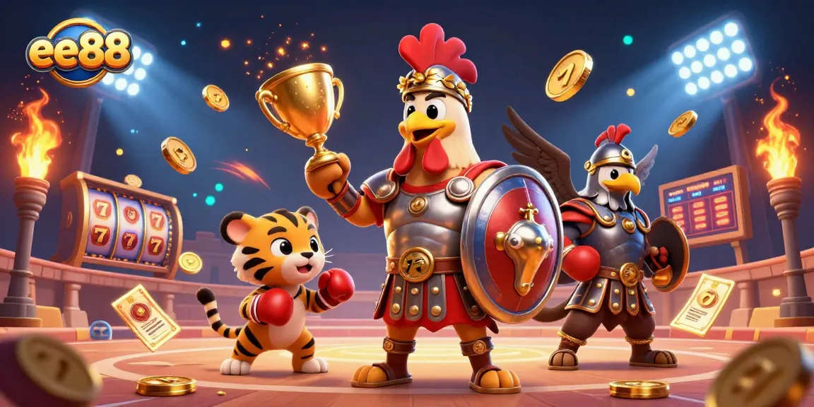Engage with casino adventures at ee88, featuring a rooster hero in a vibrant gaming arena.