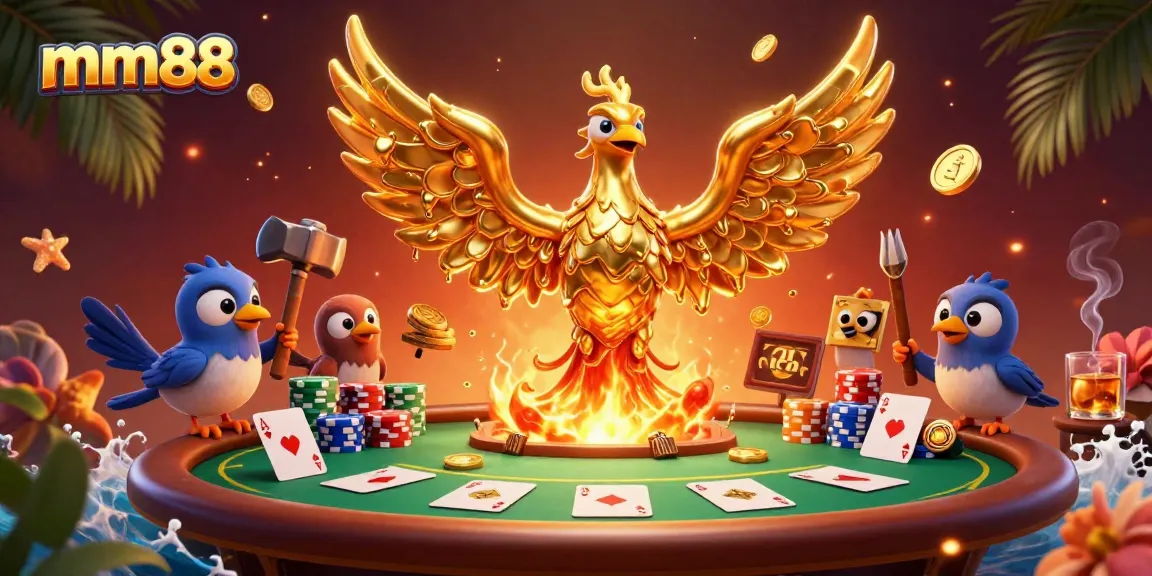 Engage in thrilling games at mm88 with spectacular golden phoenix, poker elements, and vibrant casino atmosphere.
