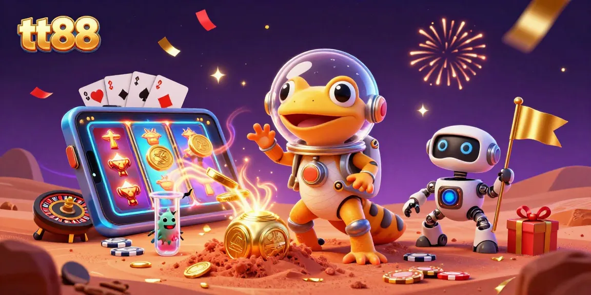 Experience tt88's vibrant gaming world with a Martian gecko discovering a golden casino, amidst thrilling slot game elements.