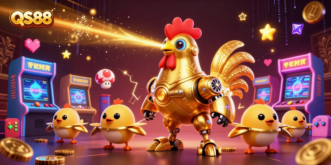 Experience the energetic gaming world of QS88 with golden rooster robot and baby chick drones.
