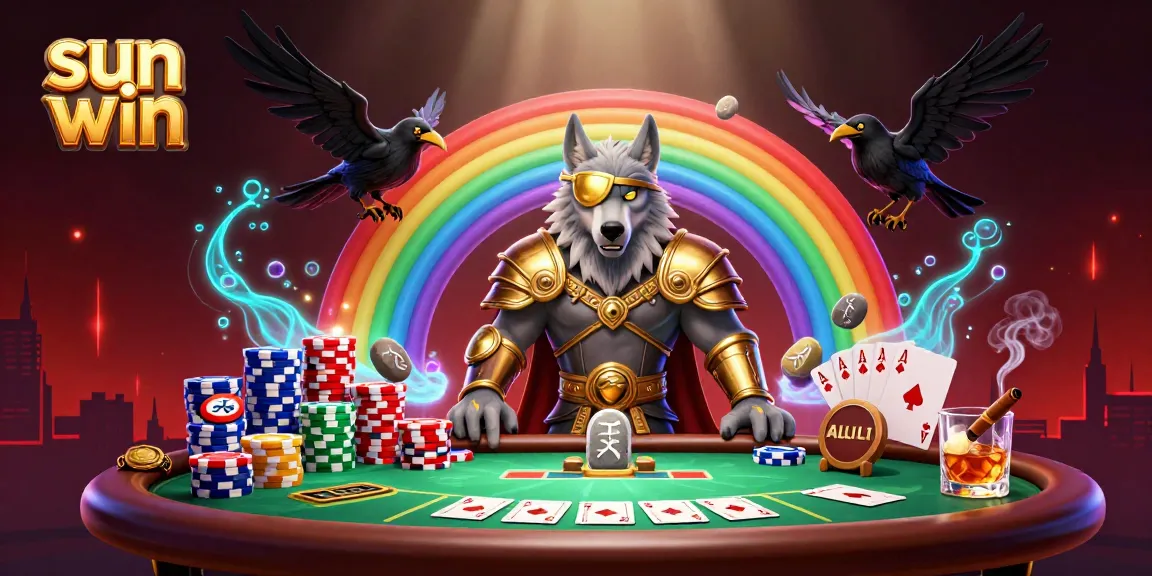Join the sun win experience with Odin and ravens amidst casino chips and poker elements.