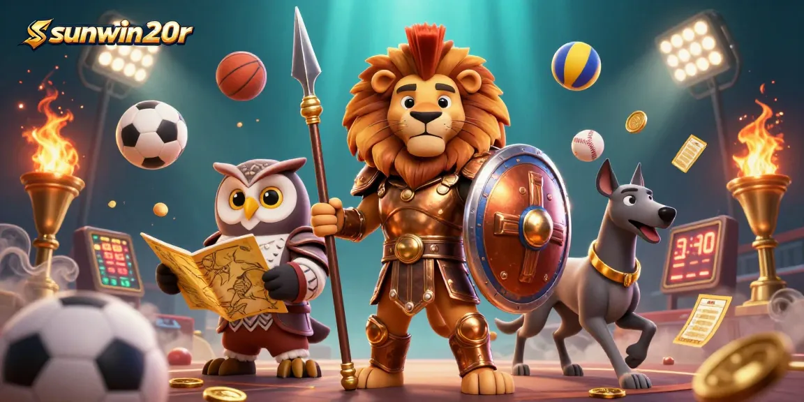 Engage in gaming excitement with sunwin20r featuring a Spartan lion, owl strategist, and greyhound, vibrant with casino elements.