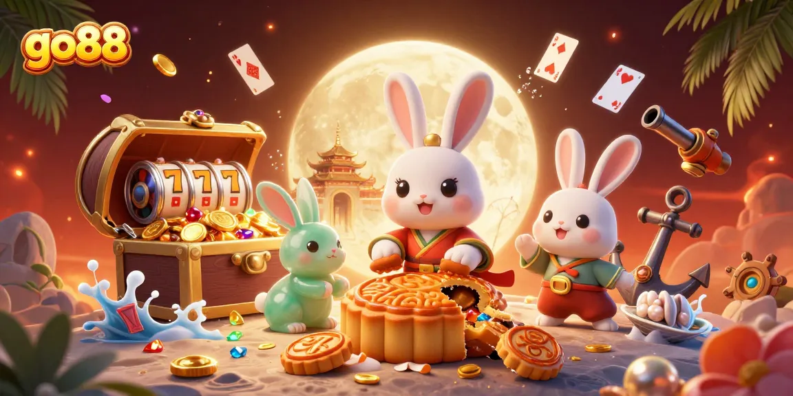 Experience the thrills at go88 with a playful moon rabbit revealing poker chips on the lunar surface.