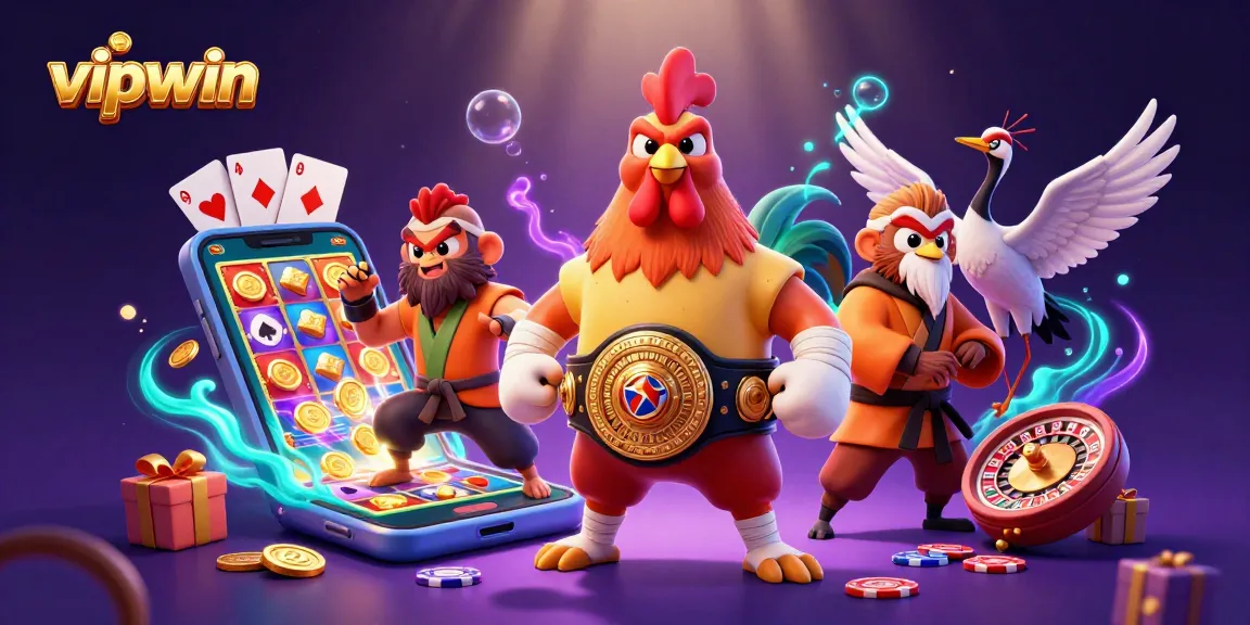 Engage with vibrant vipwin casino action featuring a Muay Thai rooster, Shaolin monkey, and crane master amid dynamic game symbols.