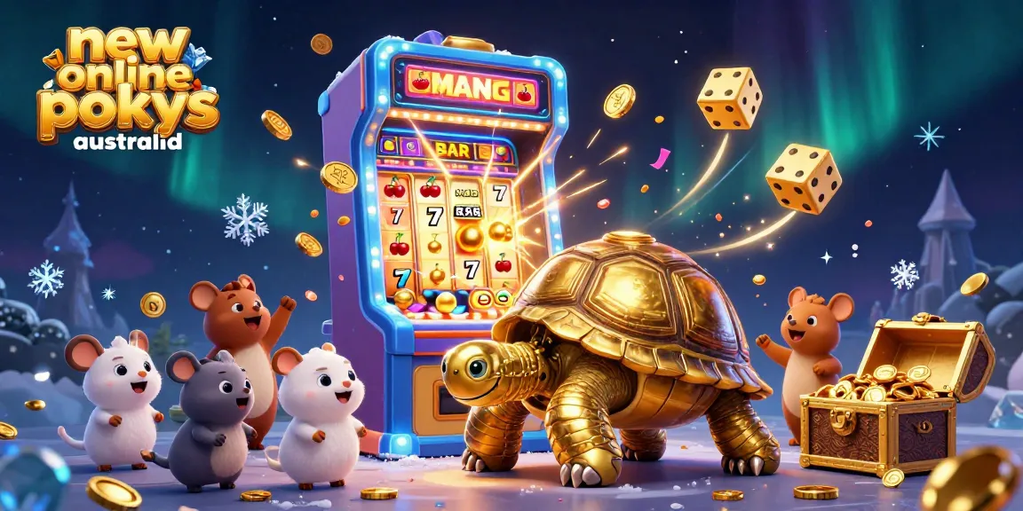 Experience exciting new online pokies Australia with a vibrant cartoon scene featuring playful characters, slot symbols, and winning elements.