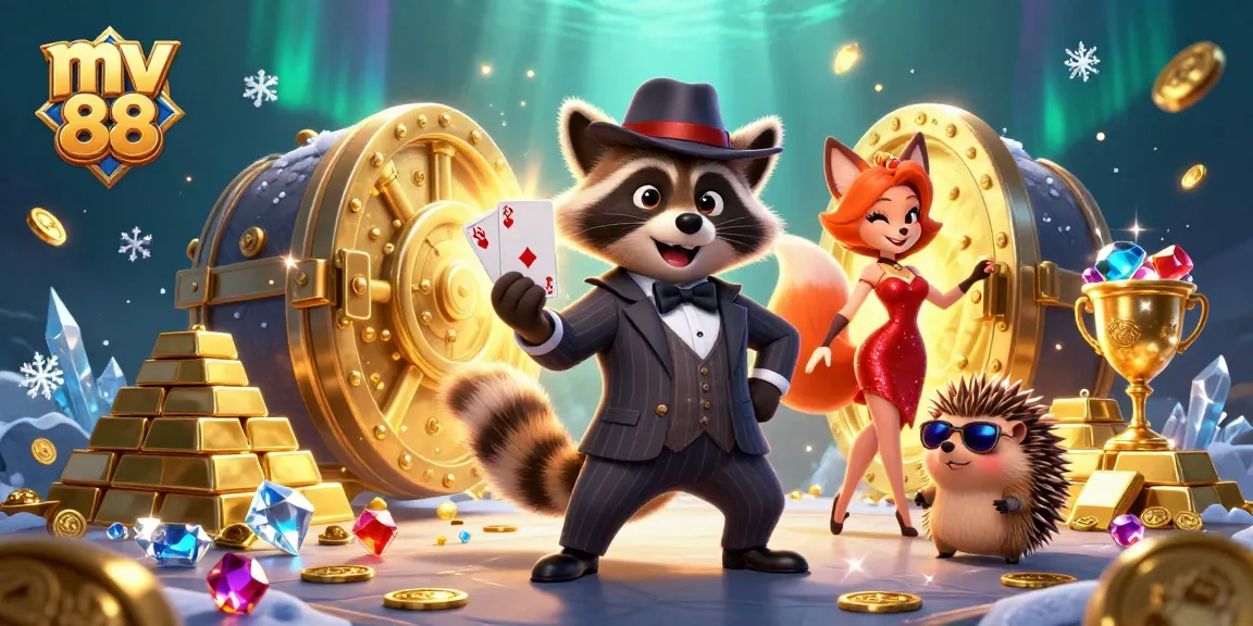 Engage with mv 88's thrilling 3D casino experience featuring raccoon, fox, and hedgehog characters.