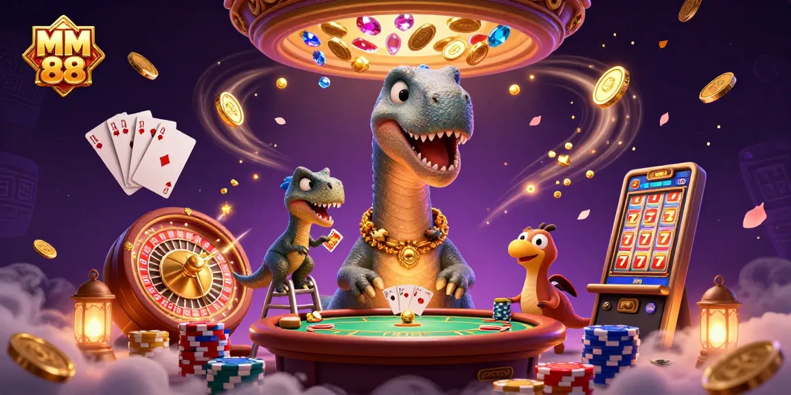 Experience the thrill of MM 88 with golden coins cascading and a lively casino scene.
